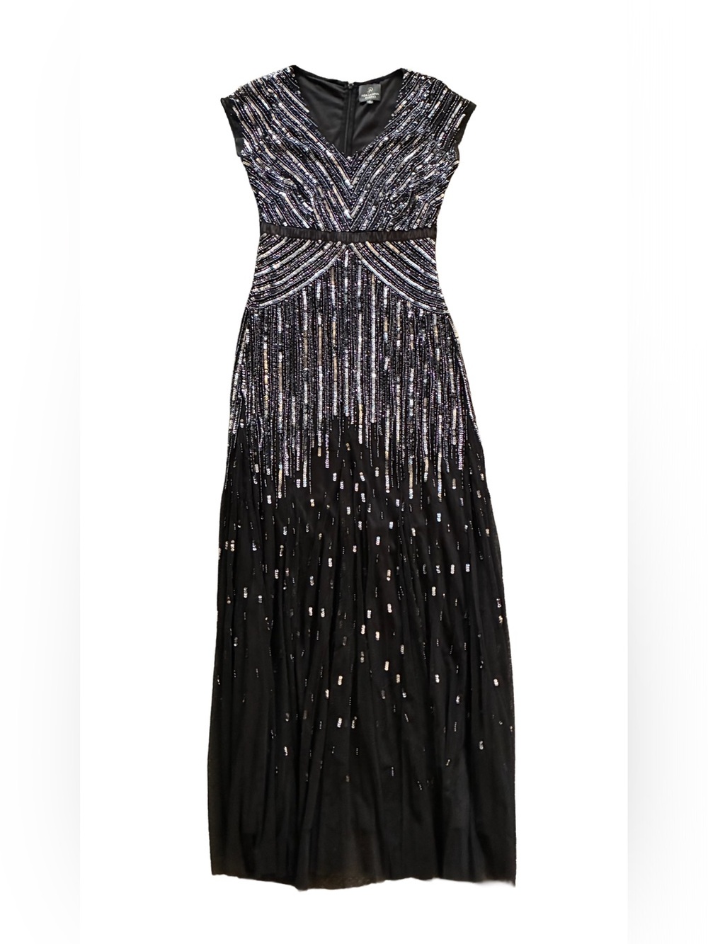 Adrianna Papell Black Silver Sequin Maxi Gown